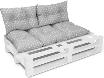 A set of cushions for a pallet sofa, shown on a white pallet.
