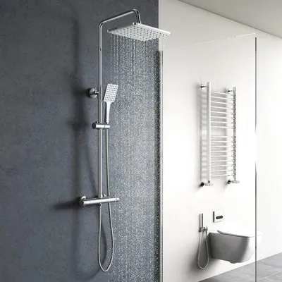 Obrázek produktu pro Systém sprchy Unyqoos® s termostatem, včetně dešťové sprchy a nastavitelné ruční sprchy – termostatická baterie udržuje konstantní teplotu 38°C, materiál: mosaz/nerezová ocel/ABS, otočná o 360°