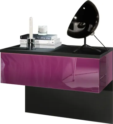 Produktbild von Vladon Nachttisch Sleep,  Germany, Nachttischschrank mit Schublade zur Wandmontage, Schwarz matt/Brombeer Hochglanz (60 x 46 x 35 cm)