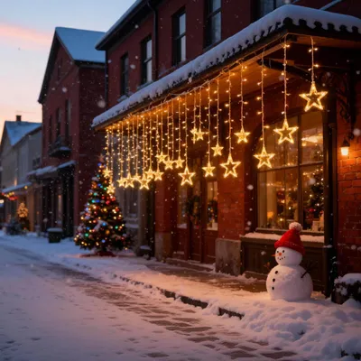 A snowy street scene with Christmas decorations, including a lit Christmas tree and star-shaped string lights.