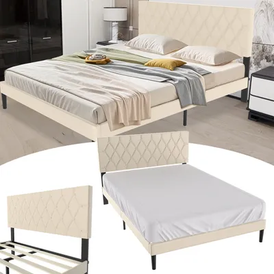 Produktbild von UISEBRT Leder Plattformbett 160 x 200 cm, gepolstertes Kopfteil, Bettrahmen für Doppelbett, Bettgestell in Beigegelb, modernes Design für Schlafzimmer