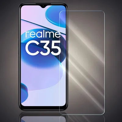 A screen protector for a Realme C35 phone is shown next to the phone.