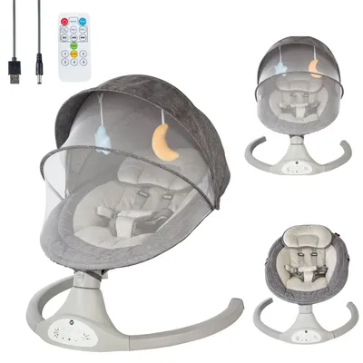 Produktbild von Bebies First Elektrische Babywippe Grau – Babyschaukel mit Bluetooth, Timer, Fernbedienung und LED-Touchpanel, ab Geburt bis 9 kg