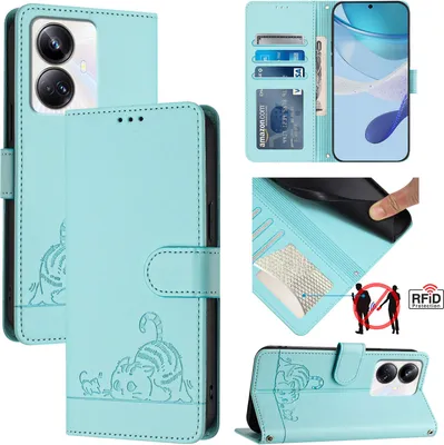Produktbild von Leder Hülle für Realme 10 Pro+ Süße Katze Flip Case Brieftasche Schutzhülle mit Standfunktion hellgrün