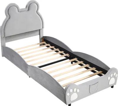 Produktbild von okwish Polsterbett 90*200cm, Kinderbett Einzelbett, Velours, Grau- Ohne Matratze