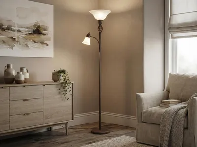 Produktbild von Deckenfluter mit Leselampe Landhausstil Rostoptik mit Glasschirm Weiß inkl. LEDs