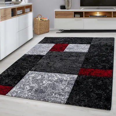 Image de Ayyildiz | Tapis Moderne Hawaii 3D - 160 cm x 230 cm - Gris-Noir-Rouge - Design Géométrique Élégant