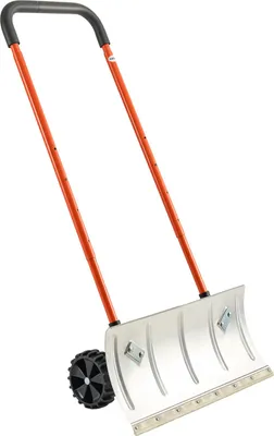 A snow shovel with wheels and an adjustable handle, shown against a white background.