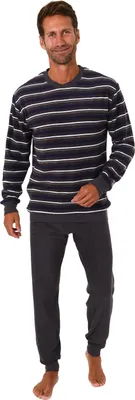 Produktbild von Herren Frottee Schlafanzug mit Bündchen in Streifenoptik langarm Pyjama - 202 101 13 600 ; navy , 56
