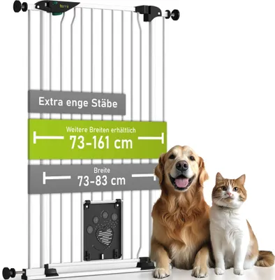 A dog and a cat are shown in front of a white pet gate with text overlays indicating dimensions and features.