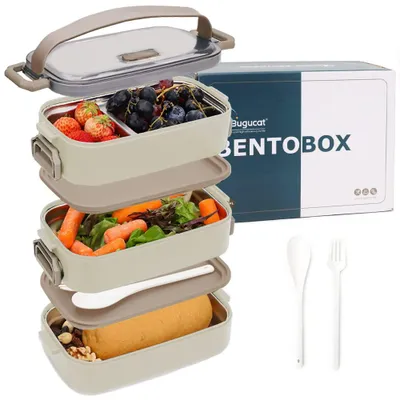 Bento Box 1700 ml, 3-in-1 Edelstahl, 4 Fächer, mit Löffel