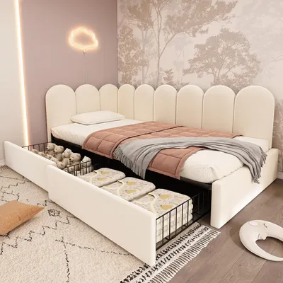 A child's bedroom with a bed and storage drawers.