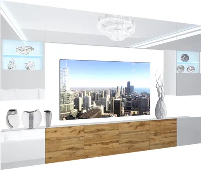 Produktbild von BELINI Wohnwand Vollausstattung Wohnzimmer-Set Moderne Schrankwand mit LED-Beleuchtung Weiß Glänzend Anbauwand TV-Schrank Weiß / Eiche Wotan Glänzend/Matt