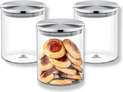 Image de Ensemble de 3 bocaux de conservation Wilmax de 760 ml, avec couvercle en acier inoxydable, transparent