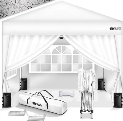 Produktbild von tillvex Pavillon 3x3m Weiß wasserdicht mit 4 Seitenteilen + 4er Set Sandsäcke | Pop-Up Faltpavillon stabil & höhenverstellbar | Gartenzelt UV Schutz 50+ | Partyzelt mit Tasche für Garten