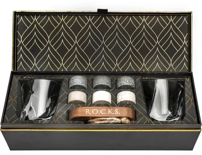 Whisky-Kühlsteine Geschenkset, 6 Granitsteine + 2 Gläser