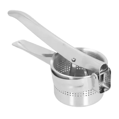 A stainless steel potato and fruit press on a white background.
