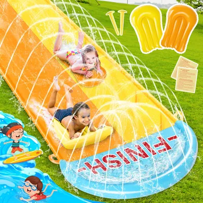 Imagen del producto de Tobogán acuático doble, de 950 cm de largo, con 2 plataformas inflables, ideal para jardines y juegos acuáticos