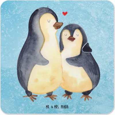 Produktbild von Mr. & Mrs. Panda coaster set Pinguin umarmen 10er Set - Eisblau - Geschenk, Glas-Untersetzer, Umarmung, Verknallt, Untersetzer Eckig, Tischuntersetzer, für Gläser, Spruch