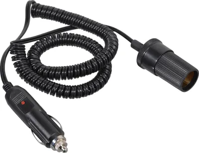 A coiled black extension cord with a car cigarette lighter plug on one end and a female socket on the other.