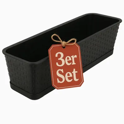 Produktbild von BigDean 3X Blumenkasten mit abnehmbarem Untersetzer Anthrazit 80 cm lang -Pflanzkasten für Innen- & Außenbereich geeignet - Gefertigt in Euro