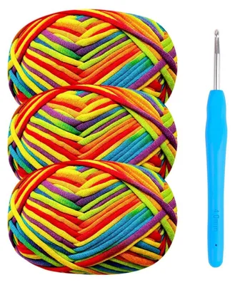 Image de Fil de coton-nylon pour crochet, mélange de 3 pelotes de 50g chacune, avec un crochet de 4 mm, coloris arc-en-ciel, nuance rouge