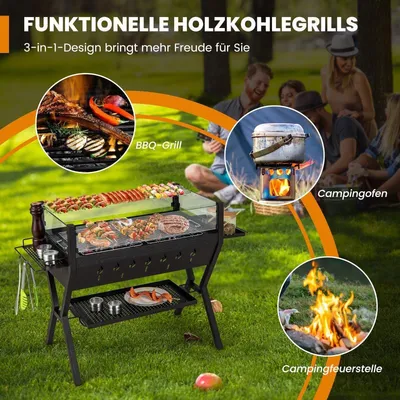 Produktbild von Holzkohlegrill mit Windschutz, Gewürzregalen und Edelstahlrosten