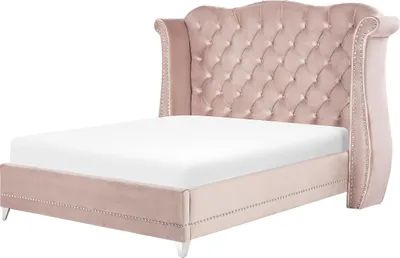 Produktbild von BELIANI Bett Pastellrosa Samtstoff 180 x 200 cm hohes Kopfteil mit Knopfheftung Nieten Chesterfield Stil Glamour Doppelbett Königsbett Schlafzimmer