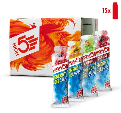 Image de HIGH5 Energy Gel Aqua, saveur mélangée – 15 sachets de 66 g – 4 saveurs "Beere" (fruits rouges), 4 saveurs "Orange", 4 saveurs "Caffeine Zitrus" (agrumes caféinés), 3 saveurs "Caffeine Beere" (fruits rouges caféinés) – 23 g de glucides par sachet