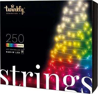 The image shows the packaging of Twinkly Strings LED lights, with a spiral of colorful lights depicted on the right side.