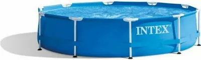 A blue Intex frame pool filled with water, shown on a white background.