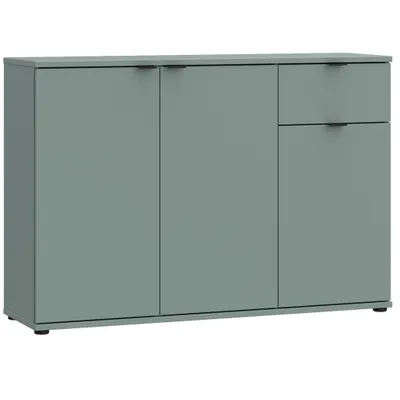 A front view of a sage green sideboard with three doors and one drawer, set against a white background.