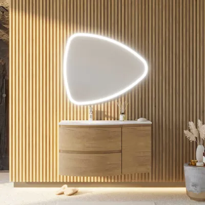 Immagine prodotto di Mobile bagno sospeso curvo rovere miele 105cm con specchio a goccia | Los angeles