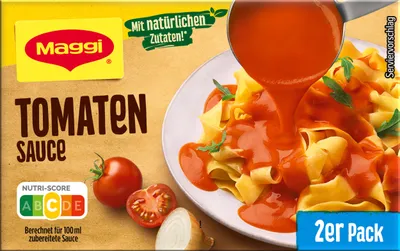 A box of Maggi tomato sauce with a serving suggestion of pasta.