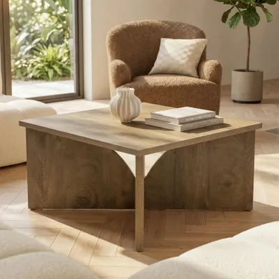 Image de Table basse de salon - Table de salon carrée - Style cottage - 80 x 80 x 45 cm - En bois avec un piètement solide - Brun rustique