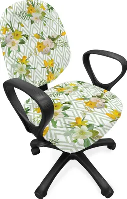 Produktbild von ABAKUHAUS Aquarell Bürostuhl Schonbezug, Blooming Blumennatur, dekorative Schutzhülle aus Stretchgewebe, Pale Grün Gelb Weiß