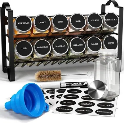 Produktbild von Famanu Kräuterregal 2-stufiger Metallorganisator Küche - Set mit 12 Kräutergläsern, 48 Etiketten, Bürste, Trichter - Freistehend oder Wandmontage