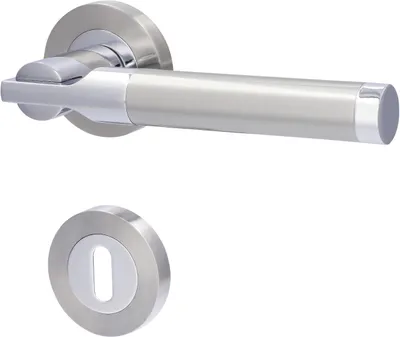 A door handle set and a keyhole escutcheon plate, both made of brushed and polished metal, are displayed against a white background.