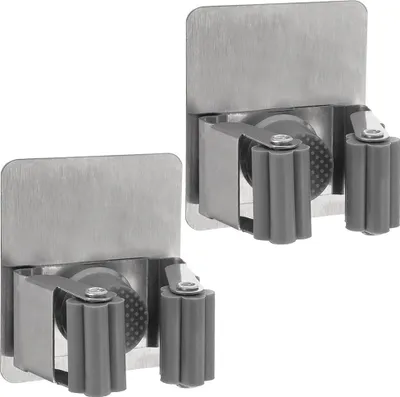Produktbild von Mopp-, Besen- und Werkzeughalter aus Stahl, selbstklebend, 2er-Pack