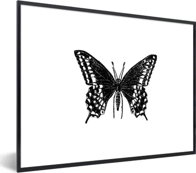 Produktbild von MuchoWow® Gerahmtes Poster Schmetterling - Tiere - Retro - Schwarz und weiß 80x60 cm - Poster mit Schwarzem Bilderrahmen Wandposter Rahmen Foto Bilder - Schwarzem - Mit Gestell