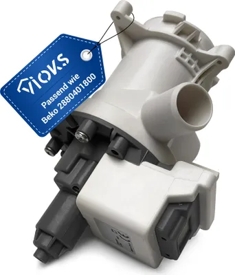 A washing machine drain pump with a product tag attached.