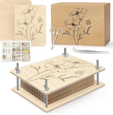 Productafbeelding van Grote bloemenpers voor volwassenen en kinderen - 16 x 21 cm, 10 lagen, doe-het-zelf houten bloemenpersset