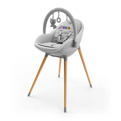 Image de Chaise haute Kinderkraft FINI UP 3 en 1, chaise haute pour bébé avec transat, plateau réglable, harnais à 5 points, coussin pour nouveau-né, pieds en bois, gris