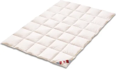 A white down comforter is laid out flat on a white background, showing its quilted pattern.