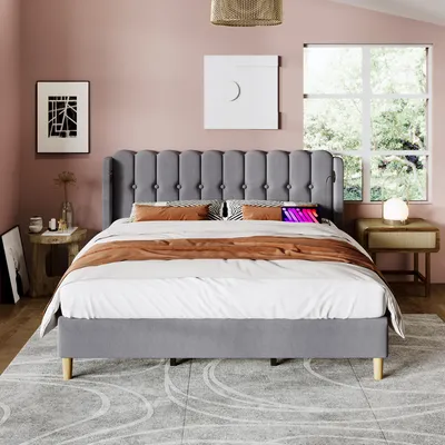Productafbeelding van Zerbaco gestoffeerd bed, tweepersoonsbed, 180x200 cm, met USB- en Type-C-oplaadfunctie, bedframe met lattenbodem, gestoffeerd grijs bed van linnenmateriaal