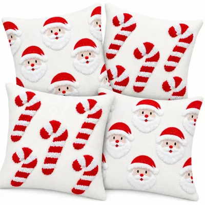Produktbild von Kissenbezug Weihnachtskissen Dekokissenhülle 45x45 cm 4er Set Nikolaus Zuckerstange Rot Weiß