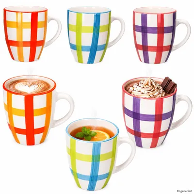 Produktbild von 6x Picknick Kaffeebecher 340ml Steingut bunt kariert Tee-Tassen Kakao