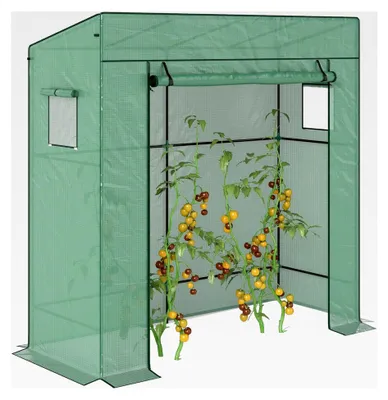 Produktbild von Gewächshaus für den Garten mit Wandbefestigung, 1 Rolltür, verstärkter PE-Plane und 2 Fenstern, Maße: 196 x 77 x 197/188 cm