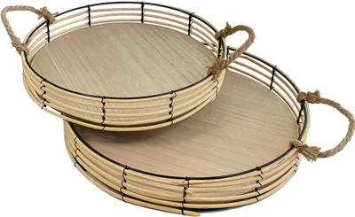 Produktbild von Tablett mit Trageseil aus BAMBUS RATTAN - 2er Set -  41 / 36 cm