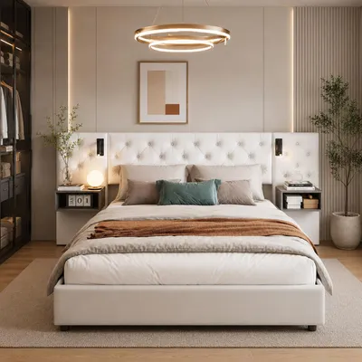 Image de INONEFT Lit hydraulique avec sommier tapissier, dimensions 160x200 cm, équipé de ports USB, lit double pour adolescents avec lampe de chevet, lit à lattes avec 2 tiroirs de rangement sous le matelas, revêtement en velours, couleur beige, Image générée par une IA